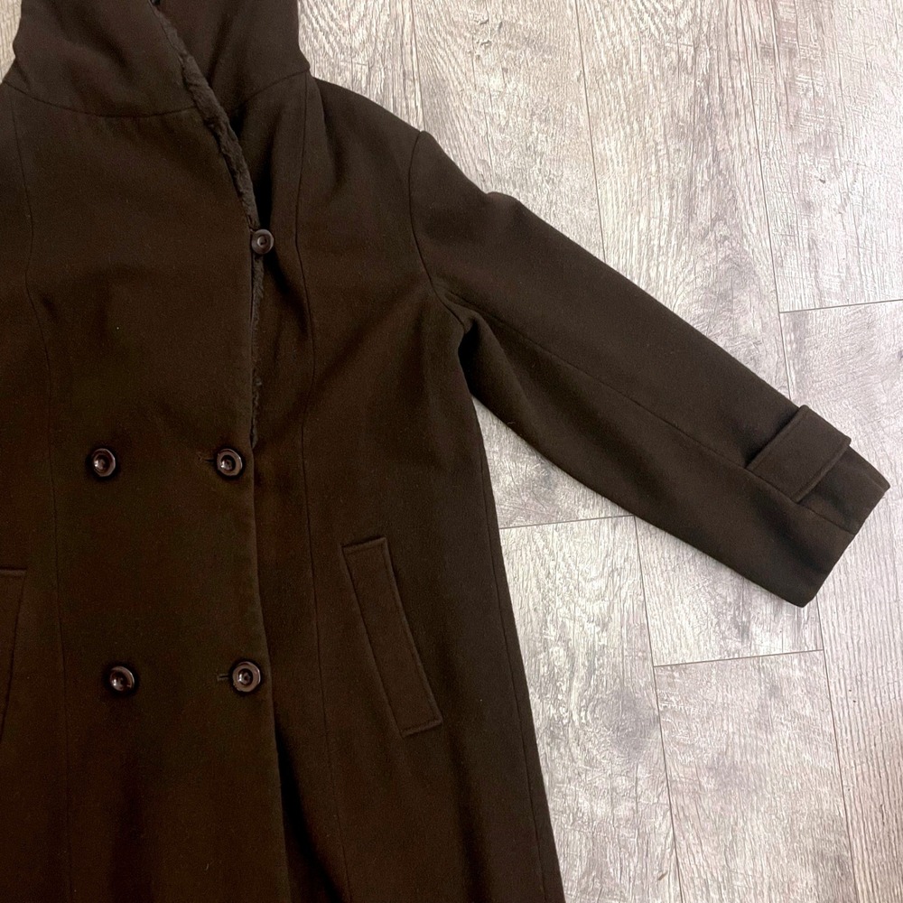 Donnybrook Dark Brown Wool Blend Faux Fur Lined Hooded Double Breasted Coat 12 - Picture 6 of 9